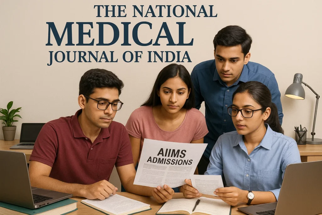 Cover of The National Medical Journal of India with students reading updates on AIIMS admissions, open laptops, study desks, organized workspace, professional environment